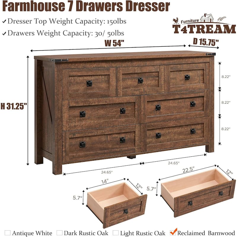 Rustic 7 Drawers Dresser, Wood Chest of Drawers, Dressers Organizer