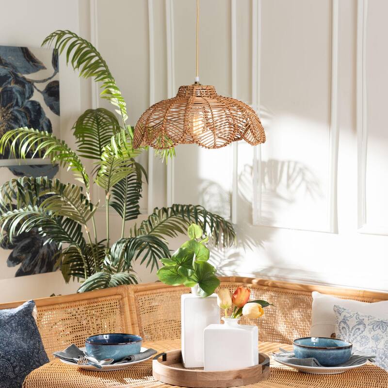 Neorah Natural Rattan Pendant Lampshade - Coastal Boho Ceiling Light Cover with Handcrafted Petal Shape