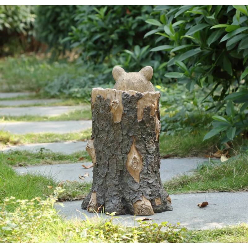 17" Brown Black Three Raccoons a Tree Trunk Welcome Sign Garden Statue