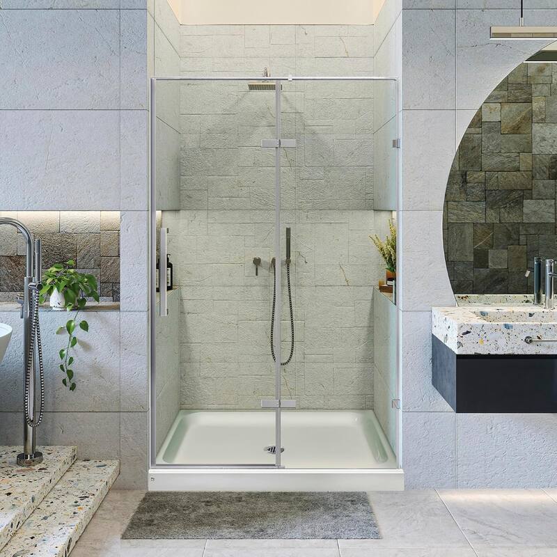 Frameless Clear Tempered Shower Glass Door with Shower Base Kit - 54 Inch - Polished Chrome