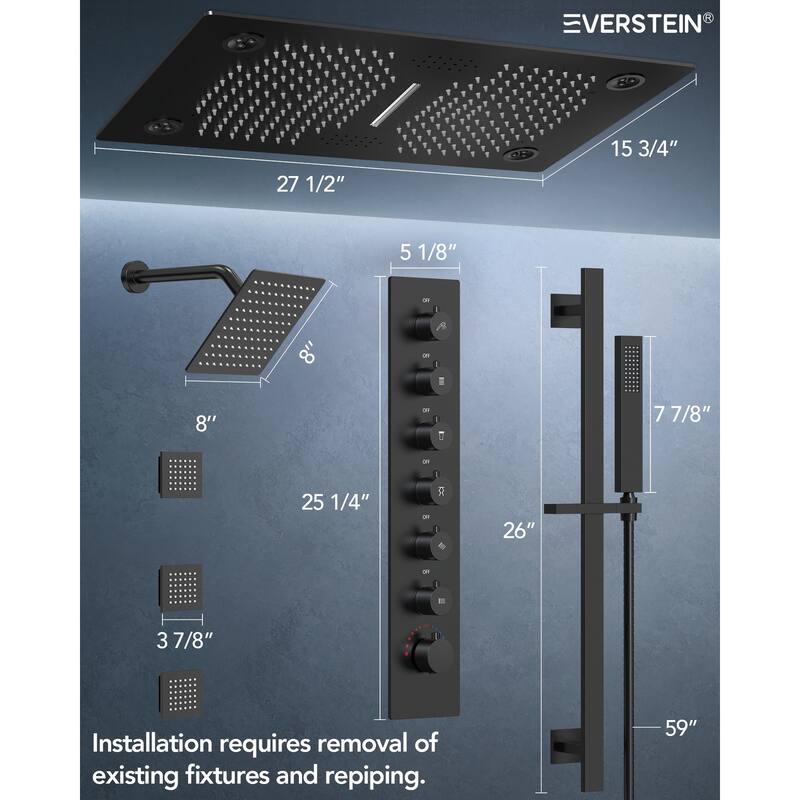 Thermostatic Dual Head System, 64-Color LED Mood Lighting 3-Functions Shower Head with Bluetooth Music & 3 Body Jets