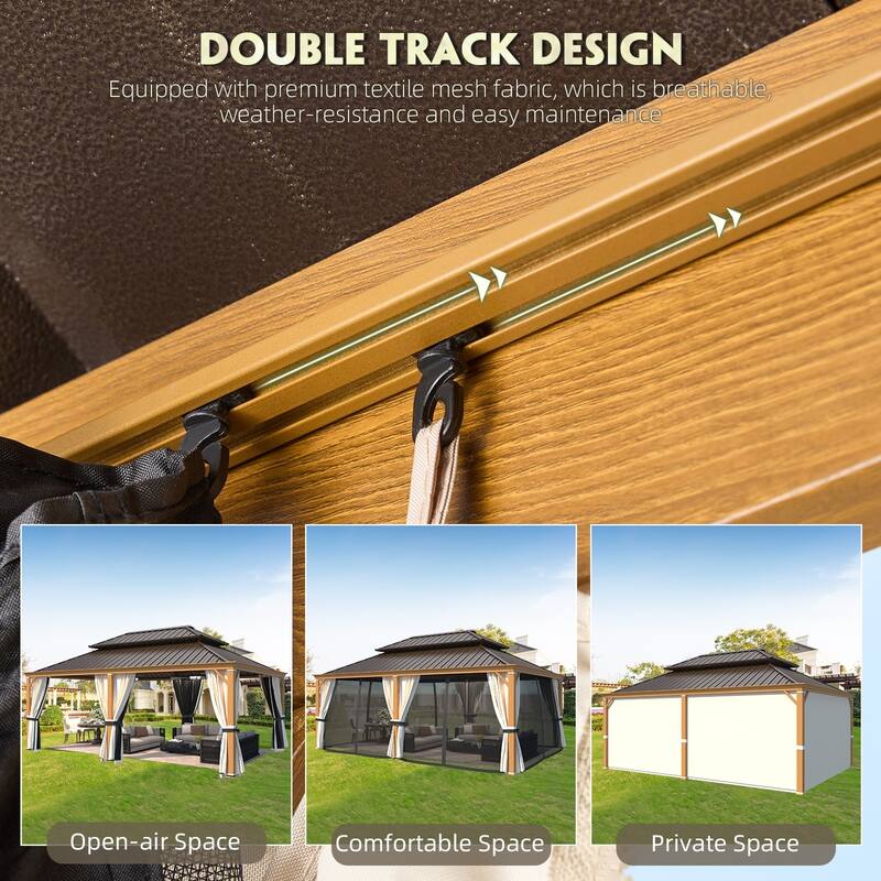 EROMMY Hardtop Patio Gazebo with Double Roof and Privacy Curtains, 12x16 FT Permanent Outdoor Metal Gazebo for Backyard, Deck