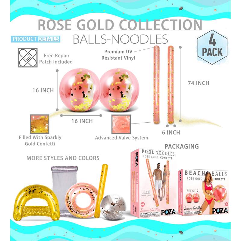 POZA Rose Gold Inflatable Beach Balls and Giant Pool Noodles - 4 Pack - ‎74 x 6 x 6 inches