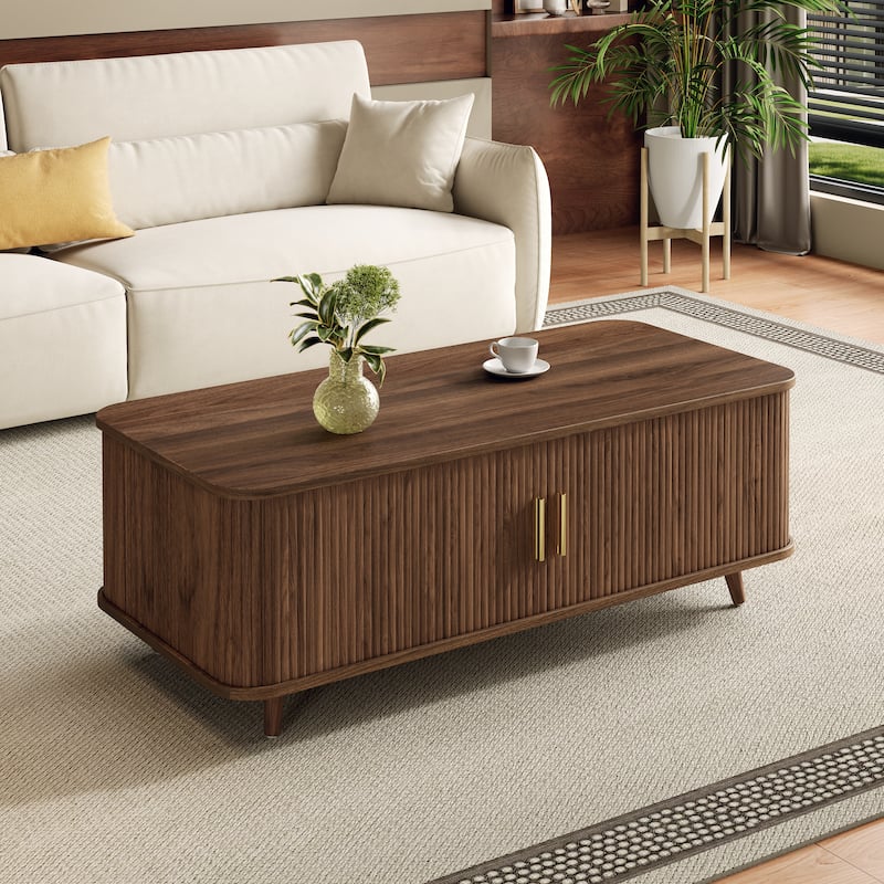 Aron Mid-Century Modern Coffee Table with Semi-Open Tambour Doors and 4 Hidden Storage Compartments, 47.24" - Walnut
