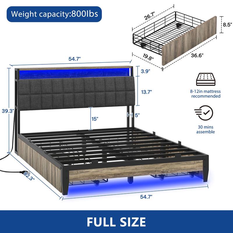 Moasis Rustic Grey Storage Platform Bed Frame with Storage Headboard with Power Outlets and 4 Drawers - Rustic Grey - Full