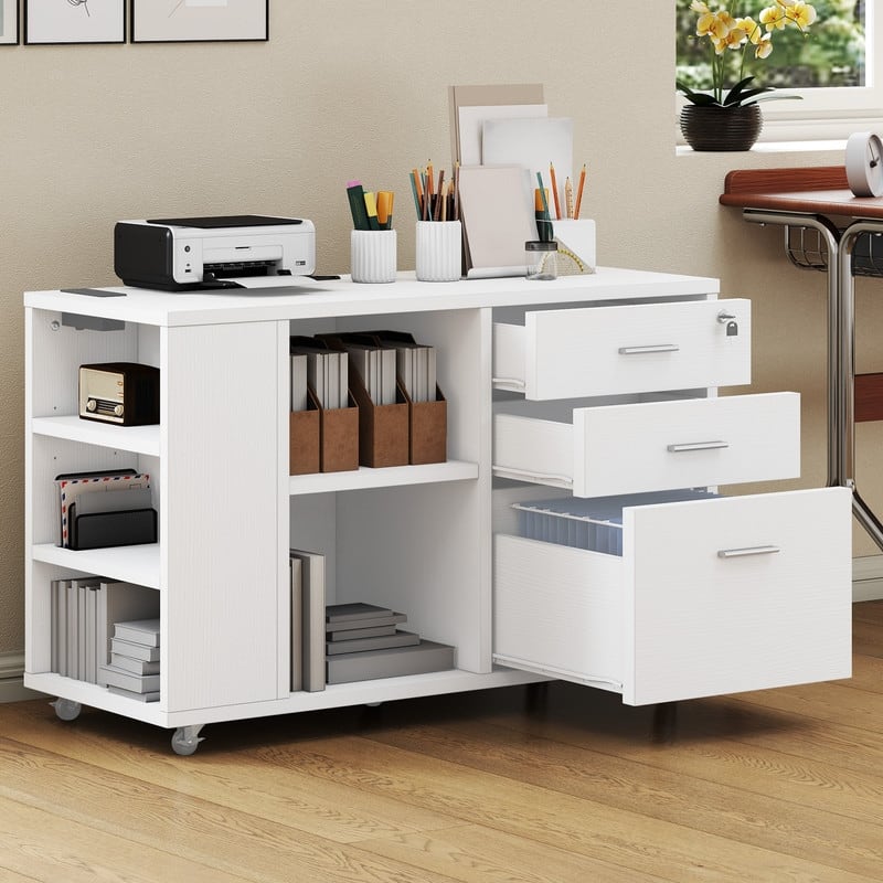 Morin Wood Mobile 3 Drawers File Cabinet with Lock and Drawer Black White - White