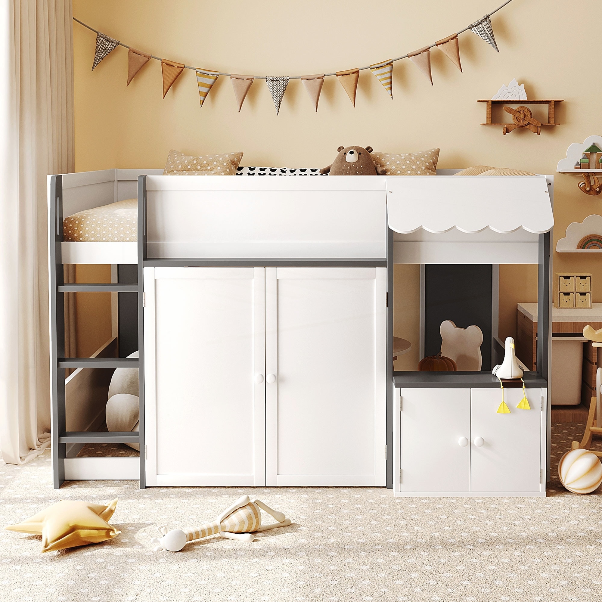 Full Loft House Bed with Playhouse & Storage, Modern Wood Cabin Bed for Kids/Teens