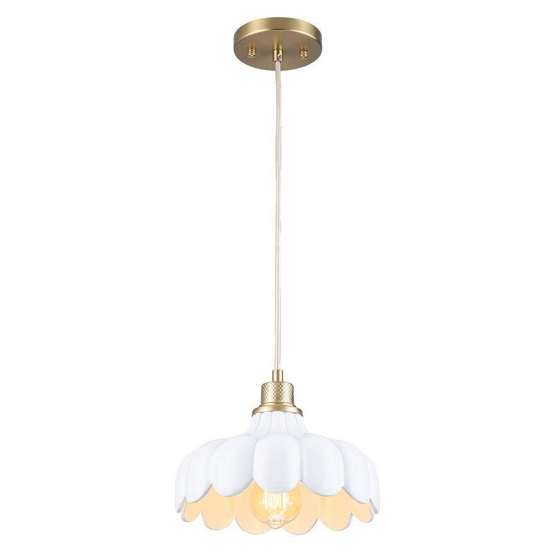 Modern Brushed Gold Pendant Light with Ceramic Flower Shade Fixture - Dia.10-in