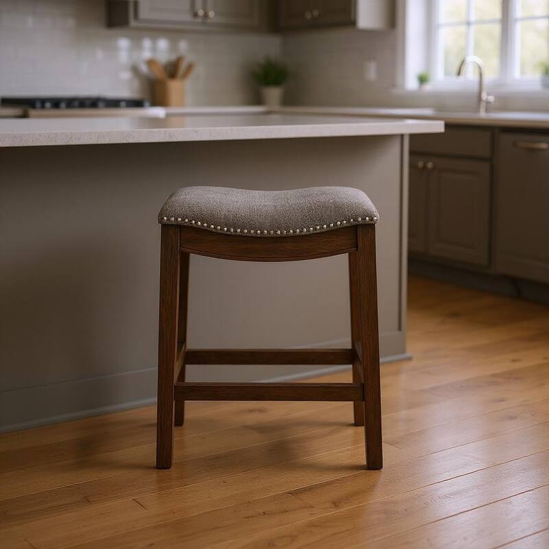 HomeRoots 26" Gray and Brown Fabric and Solid Wood Backless Counter Height Bar Chair - Counter Height - Gray - Single