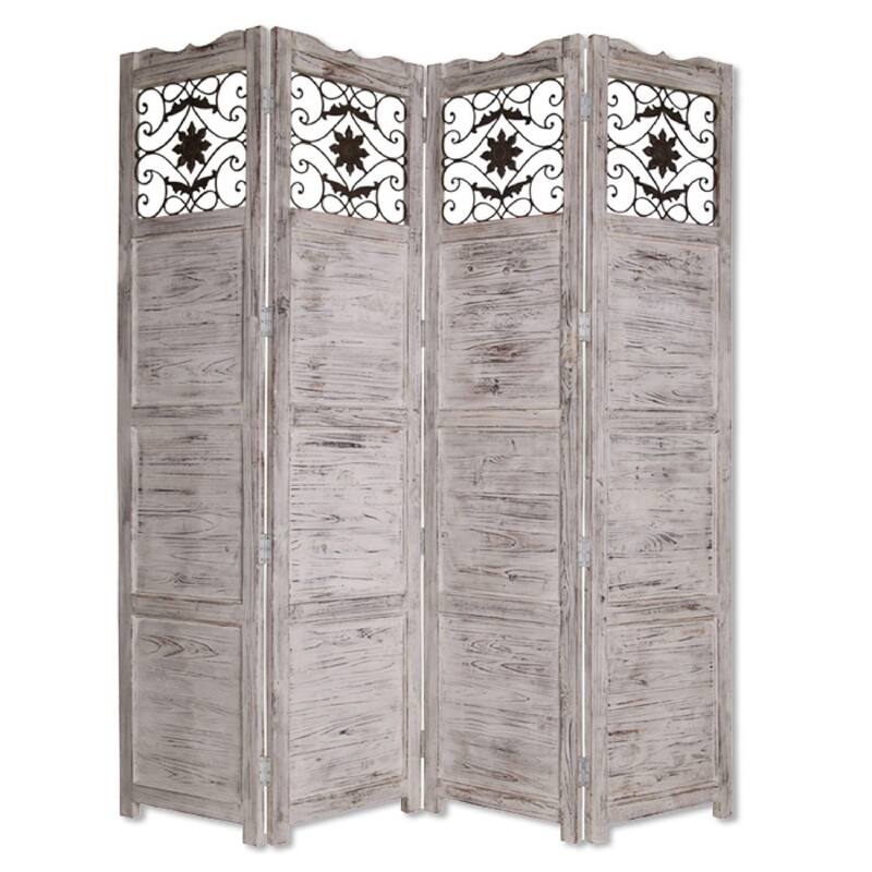 Wooden 4 Panel Screen with Textured Panels and Scrolled Details, White