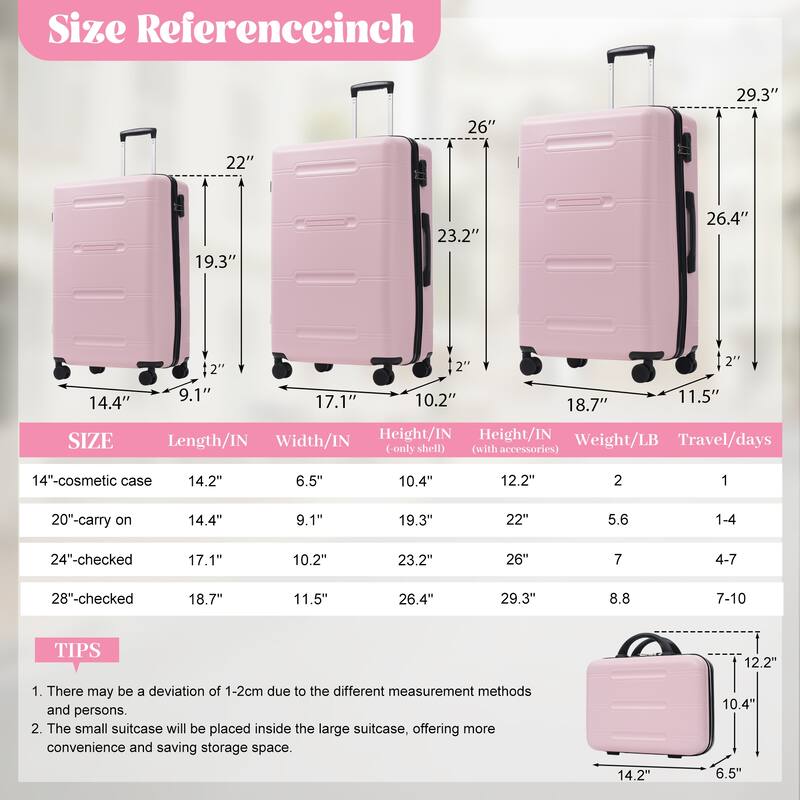 6 Piece Luggage Set, with Double Spinner Wheels Handle Password Lock, 14 IN Cosmetic Case 20/24/28 IN Luggages with Bag