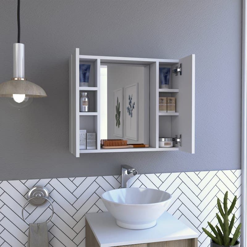 Bathroom Medicine Cabinet, Double Door, Mirror, One External Shelf