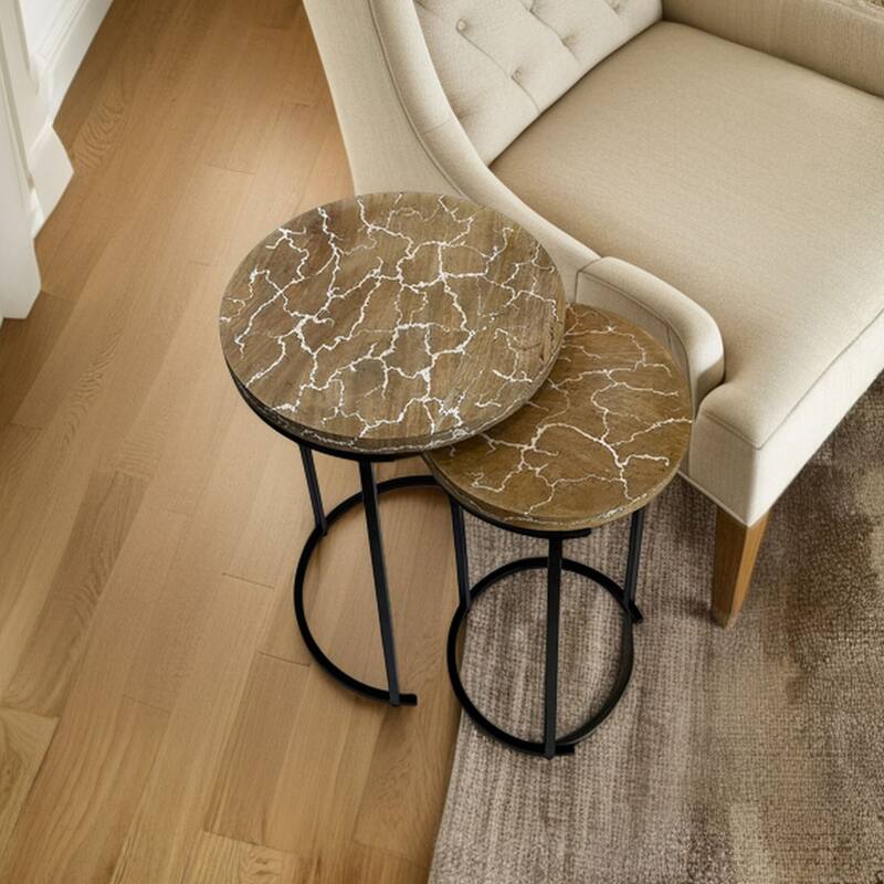 Electra Round Nesting Accent Table Set - Mango Wood Table With Lightning Vein Design Furniture - Brown