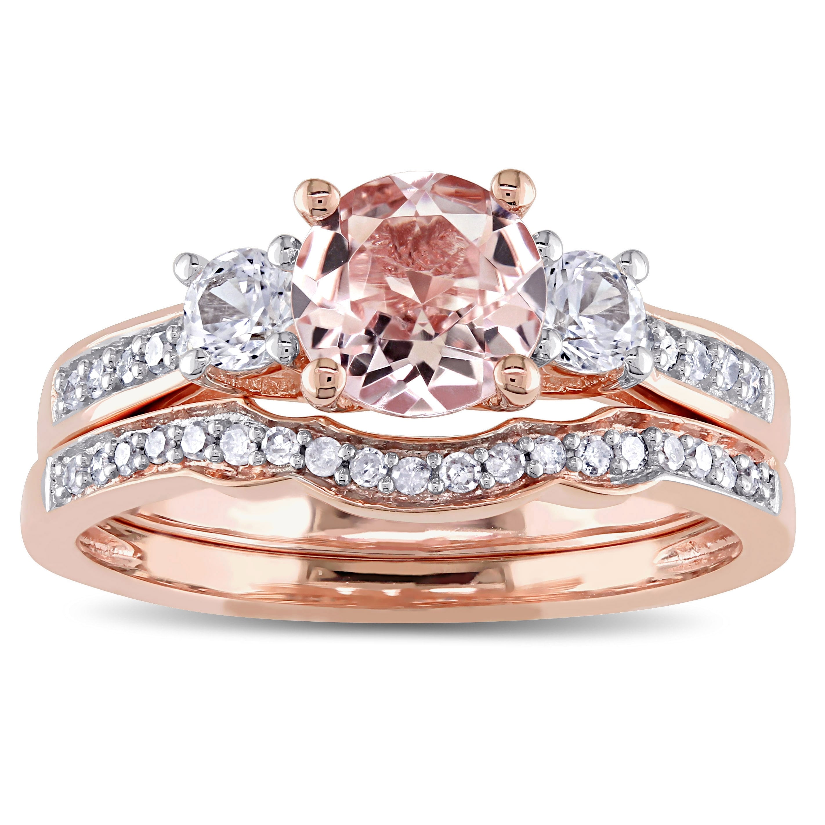 10K Rose Gold Morganite & Diamond 3 Stone Engagement Ring - Swirl Halo Bridal Ring Size 7 - View #5