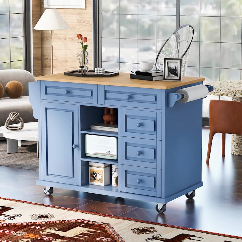 Kitchen Island with on Locking Wheels, Rolling Cart with Rubber Wood Desktop, Mobile Island with 3 Open Shelves & 5 Drawers - Blue