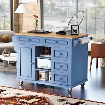 Kitchen Island with on Locking Wheels, Rolling Cart with Rubber Wood Desktop, Mobile Island with 3 Open Shelves & 5 Drawers