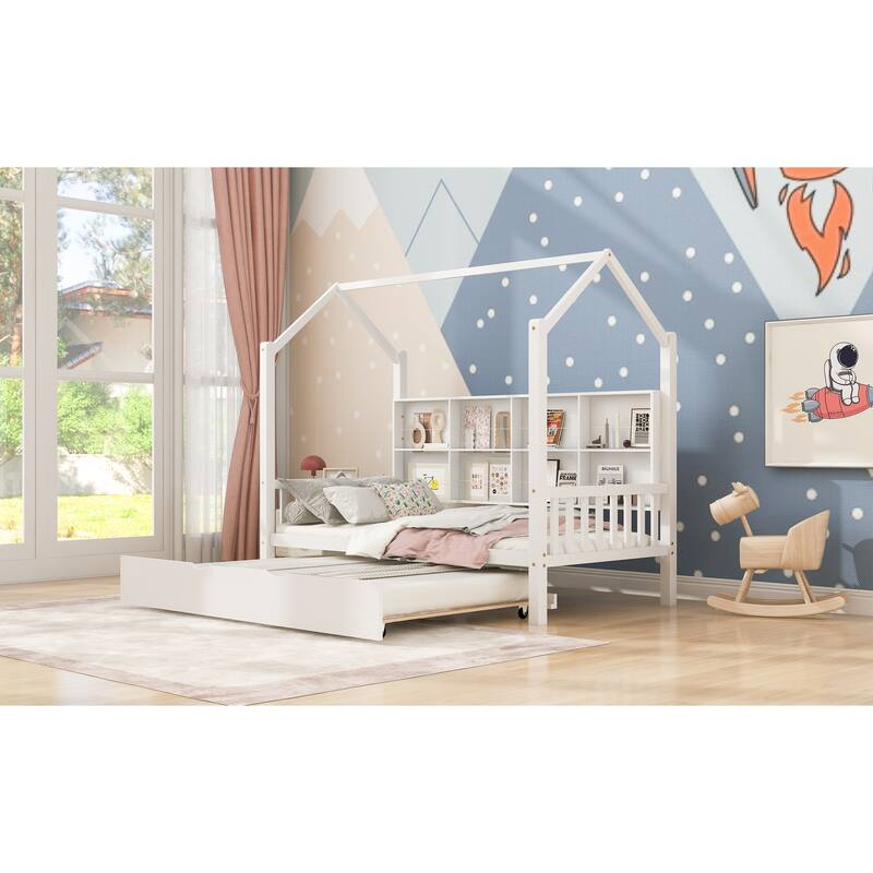 Wooden Twin Size House Bed with Trundle Kids Bed with Shelf - White