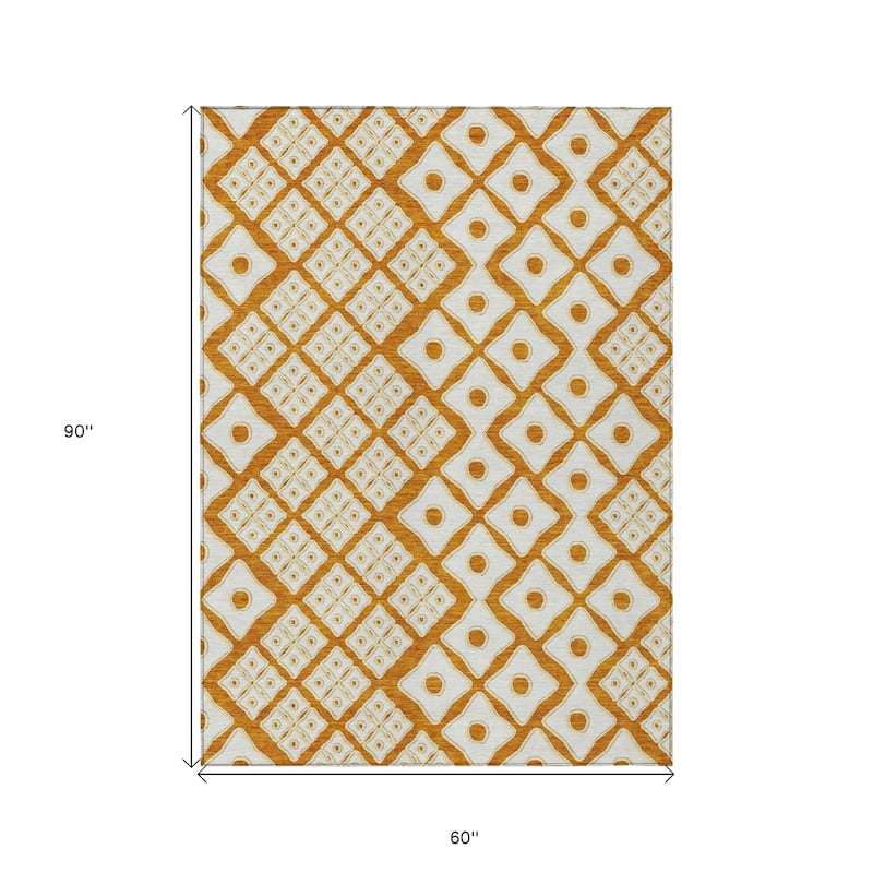 Orange And Ivory Geometric Washable Indoor Outdoor Area Rug - 5' X 8'
