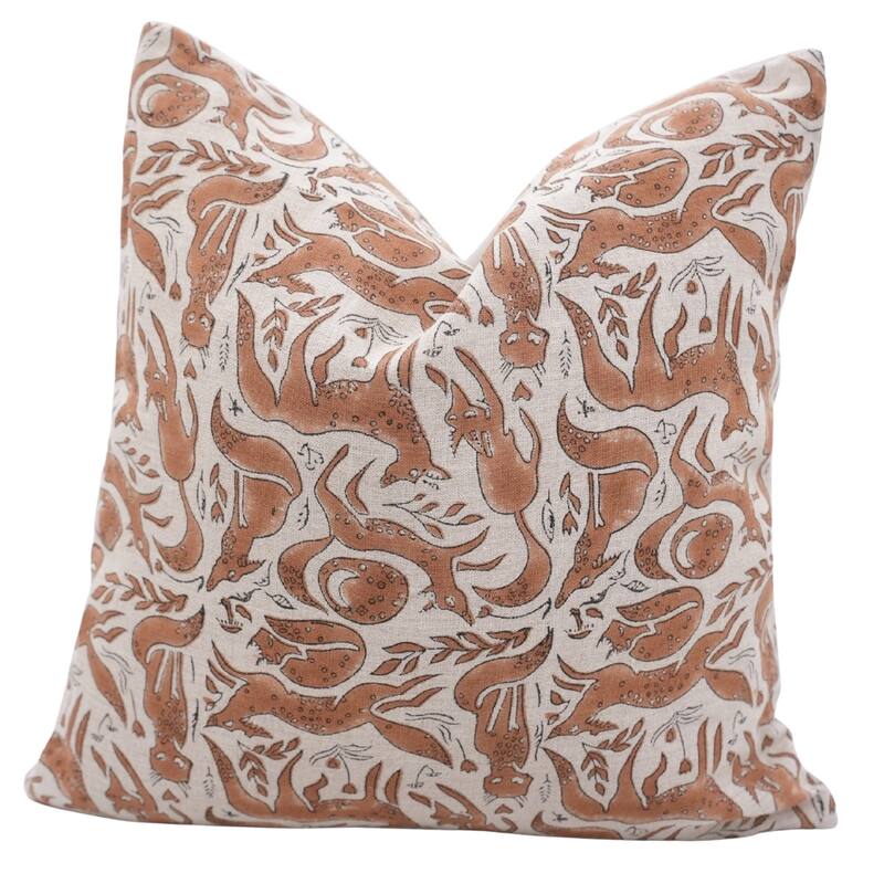 Fabdivine Handmade Block Print Floral Pillow Cover, Soft Pure Linen for Sofa, Alpana - Ghehravan- Brown - 22"X22"