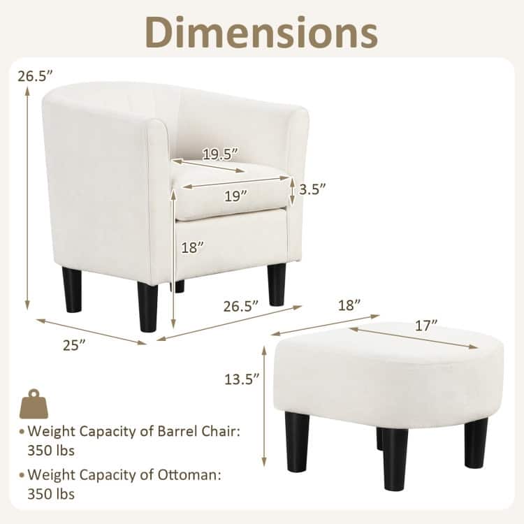 Modern Velvet Barrel Armrest Lounge Chair with Ottoman and Washable Cushion for Bedroom or Living Room
