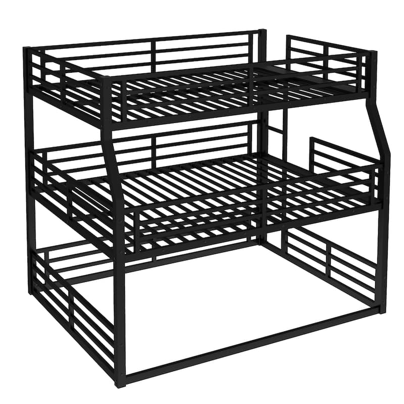Roomfitters Full over Queen over Queen Metal Triple Bunk Bed with Safety Guardrails, Heavy-Duty Noise-Reduced Frame, Black
