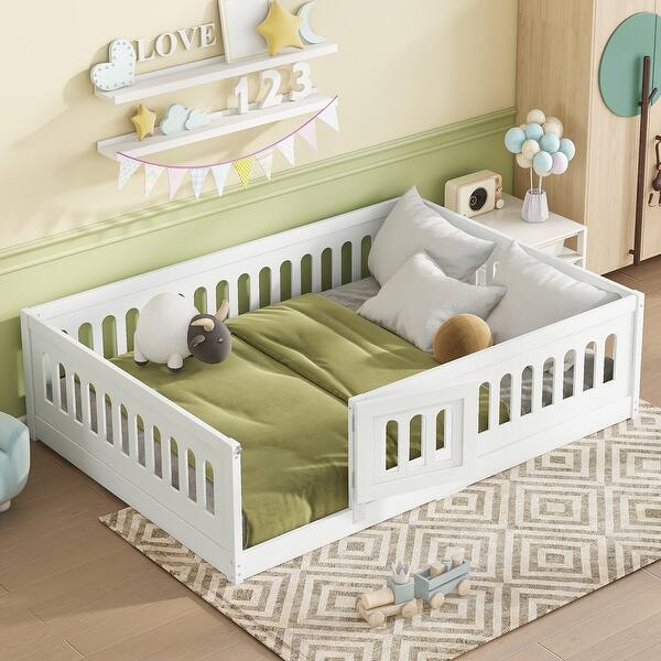 slide 2 of 12, Full Size Floor Bed with Heightened Safety Guardrails and Door,No Slats Included Full