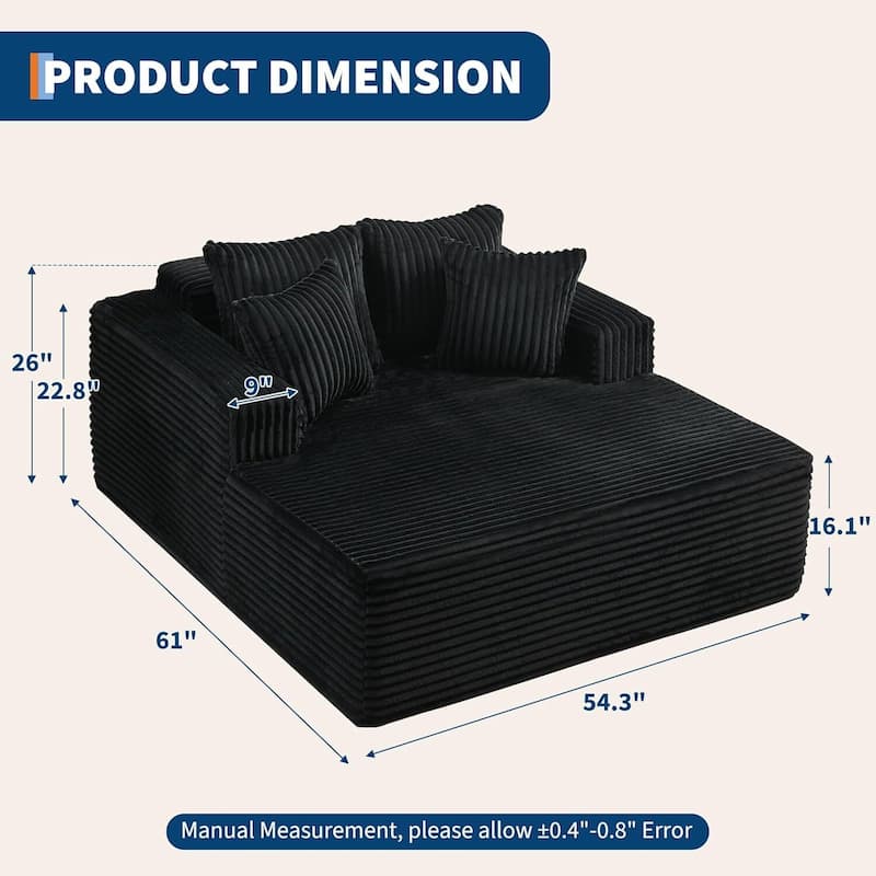 Oversized 2‑Person Chaise Lounge Chair, Sofa Bed with 4 Pillows