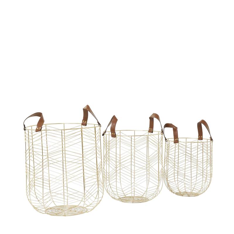 Metal Decorative and Functional Storage Basket with Faux Leather Handles - Set of 3 Silver or Gold - CosmoLiving by Cosmopolitan