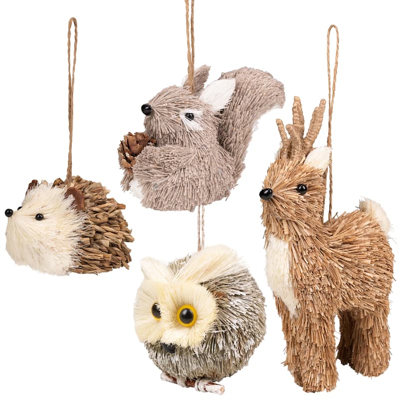 Woodland Critters Christmas Ornaments - 6" - Ivory and Brown - Set of 4