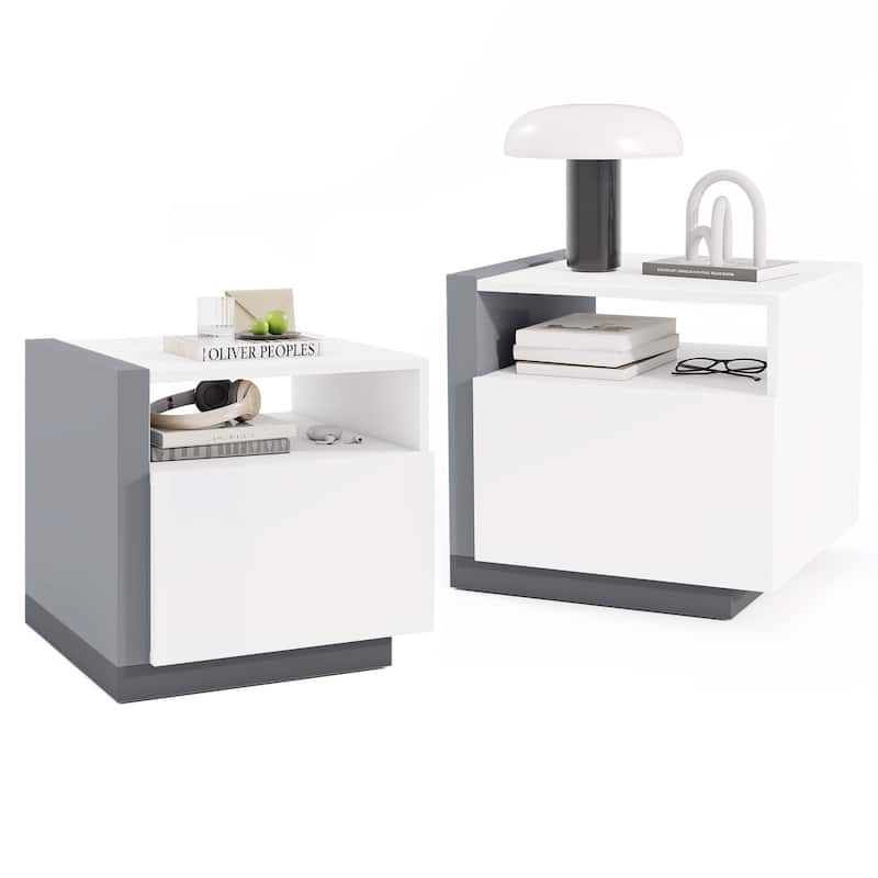 Gymax Nightstands Set of 2 Modern Minimalist Bed Side Table w/ Open - White - 1-drawer