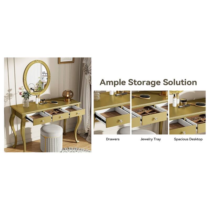 3-Drawer Makeup Vanity Table and Oval Mirror Set for Bedroom