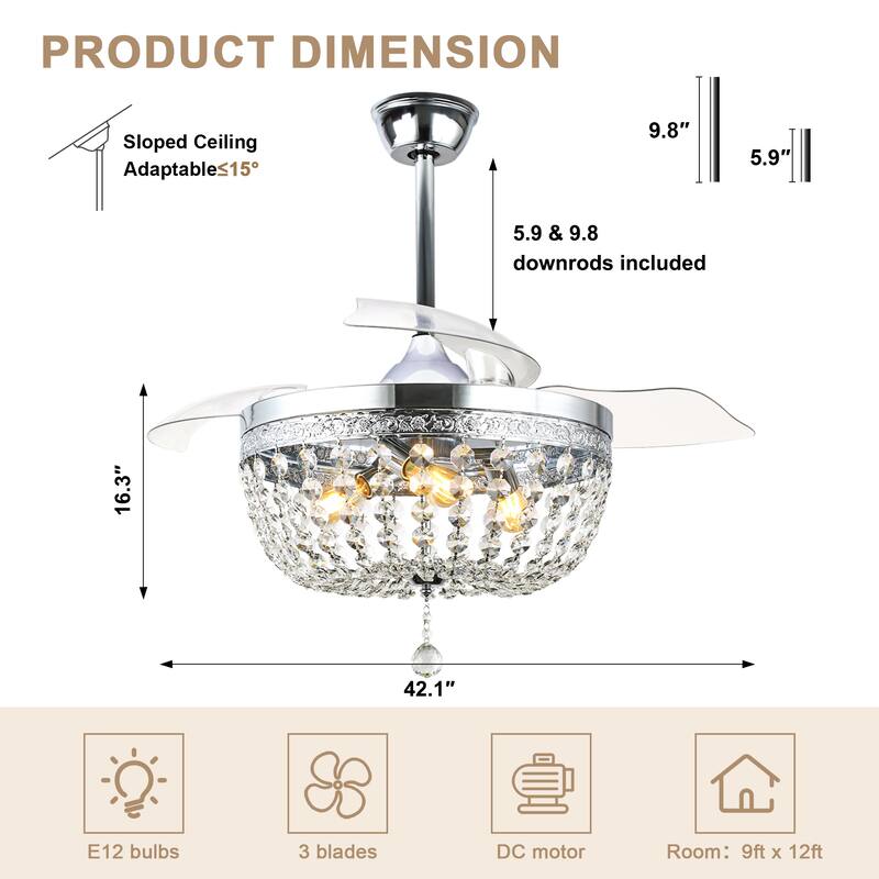 Bella Depot 42 Modern Crystal Retractable Ceiling Fan with Light and Remote - 42"