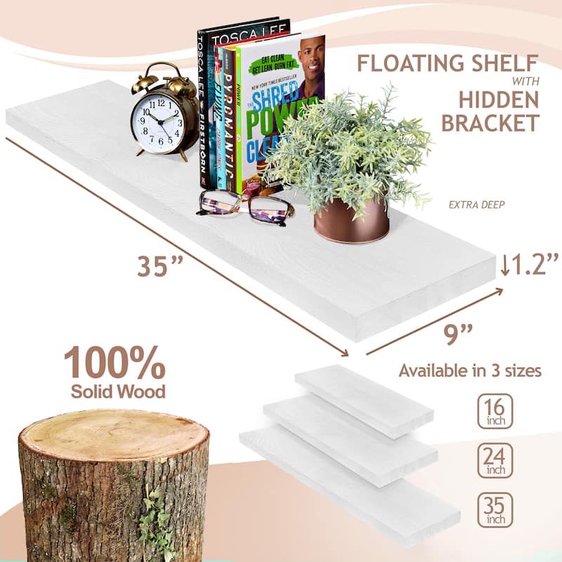 Solid Wood Floating Shelves for Wall - Long Wooden Wall-Mounted Shelves - 9” L X 35"W X 1.2” H