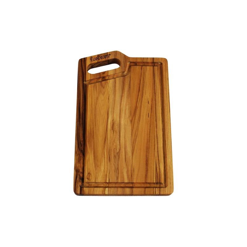 EcoDecors 10" x 6" Teak Cutting Board with Juice Groove & Handle, FSC Certified Edge Grain Wood, Small Serving Board for Kitchen