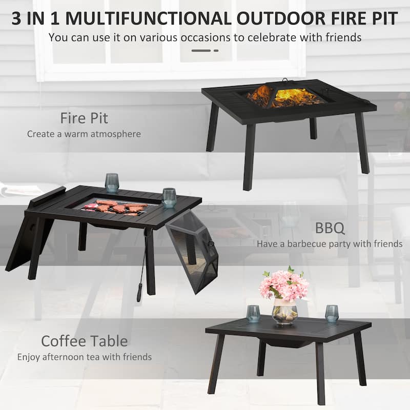 Outsunny 34" x 32" Outdoor Fire Pit, Portable Wood Burning Firepit Table, Barbecue Grill with Spark Screen, Poker