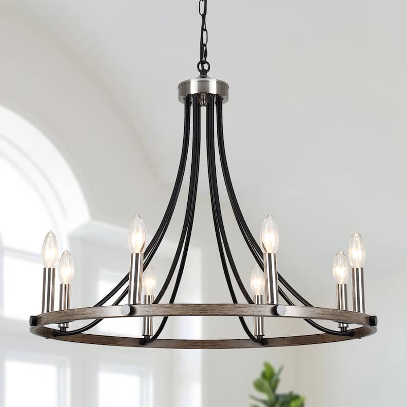 8-Light 25.59 in. Rustic Wagon Wheel Chandelier for Kitchen Living Room
