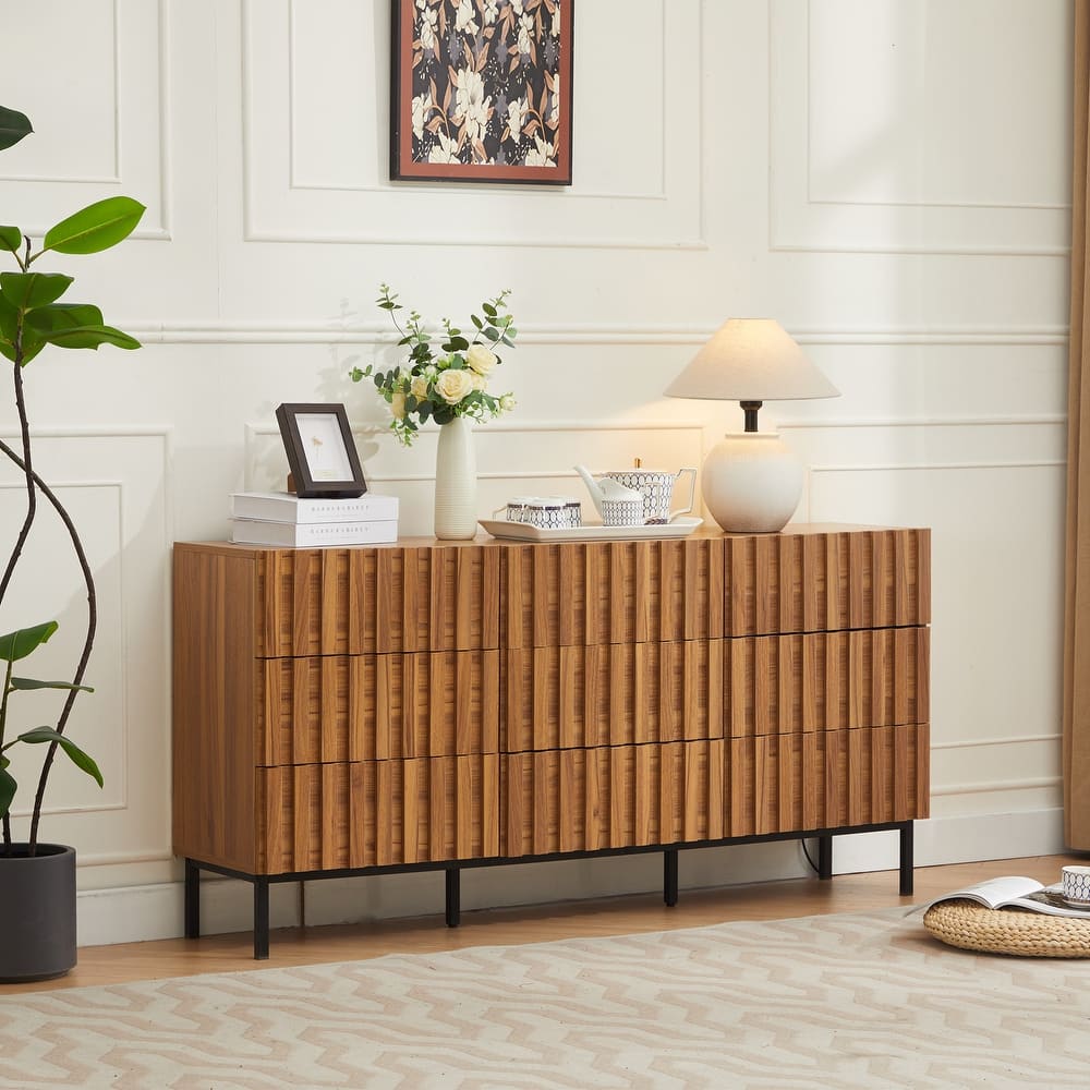 Fluted 9 Drawer Dresser 59" Wide Boho Chest of Drawers