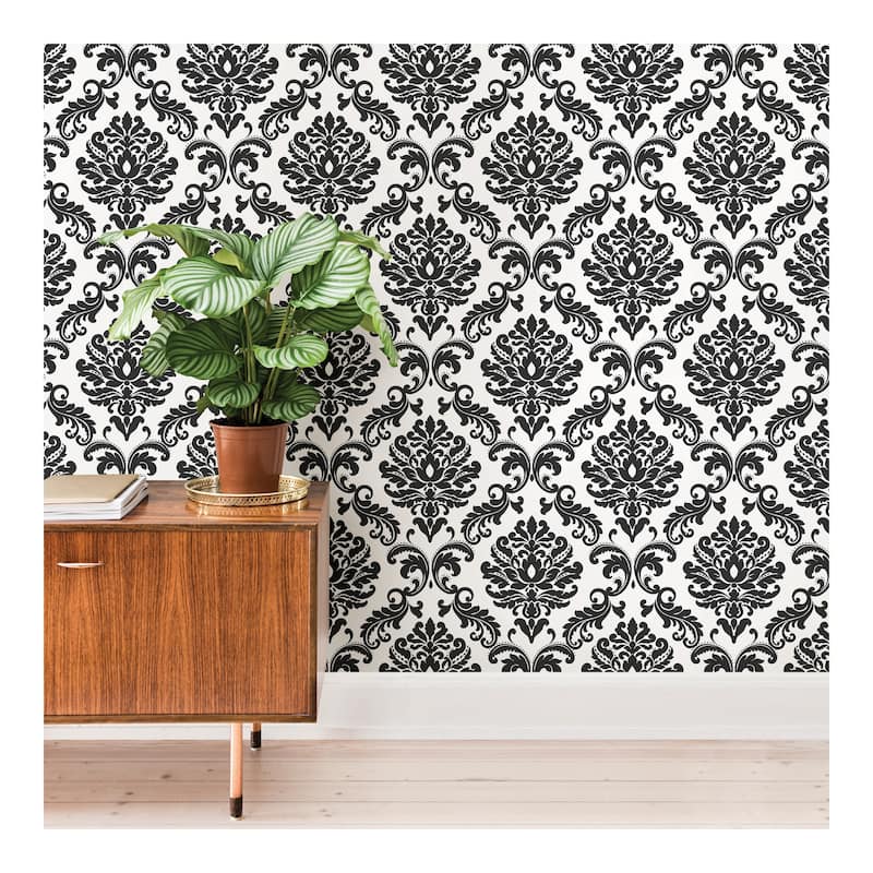 NuWallpaper Ariel Black and White Damask Peel & Stick Wallpaper - 216in x 20.5in x 0.025in