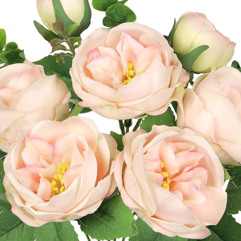 Set of 4 Ivory Pink Artificial Cabbage Rose Flower Stem Bush Bouquet 13in - 13" L x 8" W x 8" DP