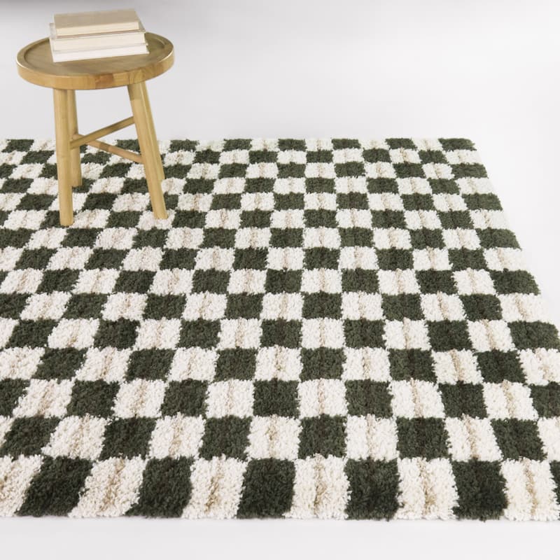 Bateman Modern Checkered Shag Area Rug - Green - 5'3" x 7'