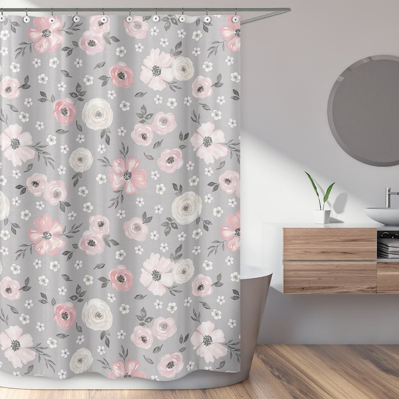 Grey Watercolor Floral Collection Bathroom Fabric Bath Shower Curtain - Blush Pink Gray White Shabby Chic Rose Flower Farmhouse