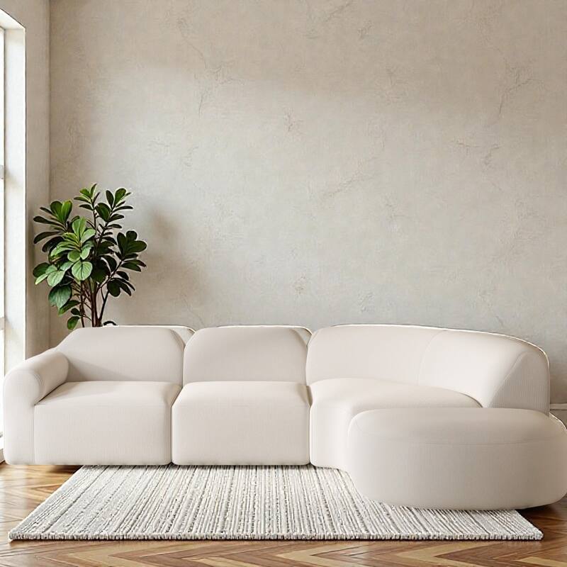 111" Modern Curved Sectional Sofa with Ottoman, Fully Assembled Foam Sofa, Deep Seat 3-Piece Set - Beige
