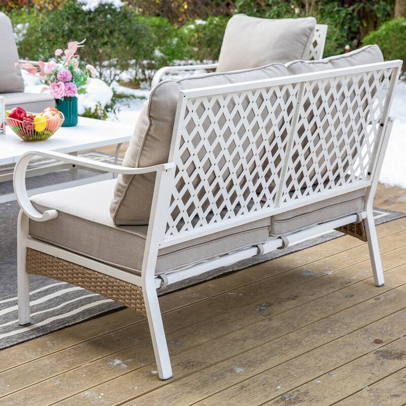 MAISON ARTS 7-Seat Patio Conversation Set, 2/4 x Cushioned Metal Chair, 1 x 2-Seat Sofa,1 x 3-Seat Sofa with Coffee Table