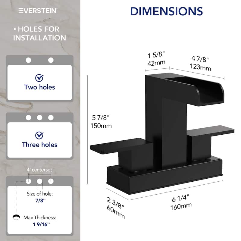 2 Pack 2/3 Hole Deck Mount Waterfall Sink Faucet with Dual Handles Open Spout Design