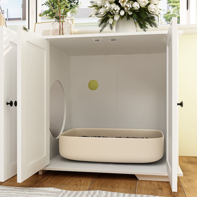 47.2"W Cat Litter Box Enclosure Dual-Door Hidden Furniture Black/White