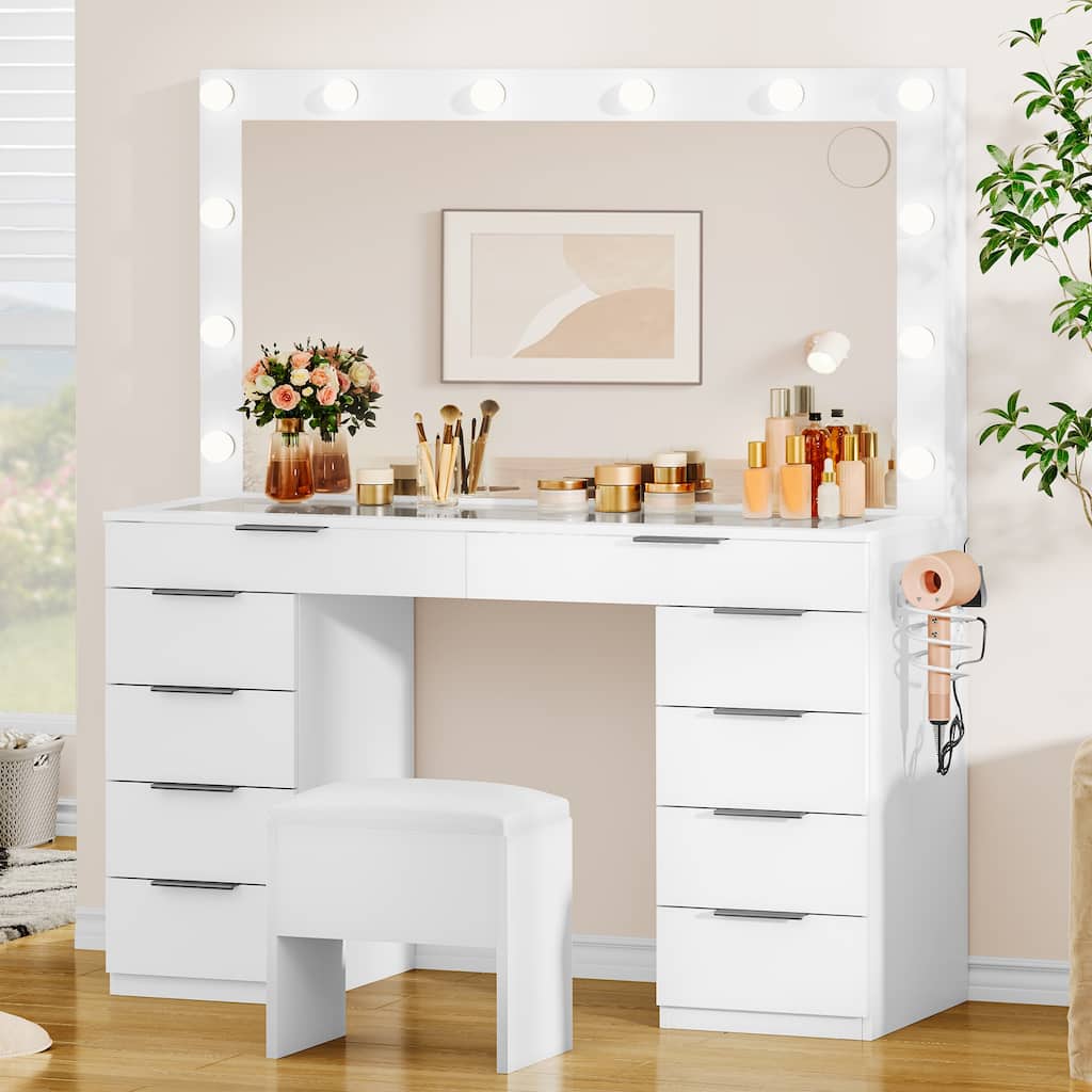 Moasis 10-Drawer Cosmetic Vanity Desk Set with Glass Tabletop Makeup Vanity with Stool