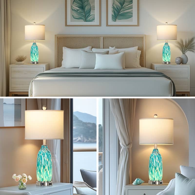 26'' Coastal-Inspired Blue Table Lamp with Dual Lighting & Charging Hub(Set of 2) - 12'' x 12'' x 26''