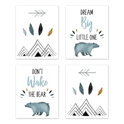 Sweet Jojo Designs Slate Blue Bear Mountain Watercolor Collection Wall Decor Art Prints (Set of 4) - Dream Big Don't Wake