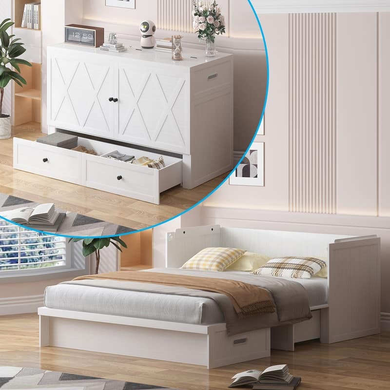 Mixoy Queen Size Murphy Bed with Charging Station & Storage Drawer,Space-Saving Design,Optional Mattress - White with Mattress - Queen