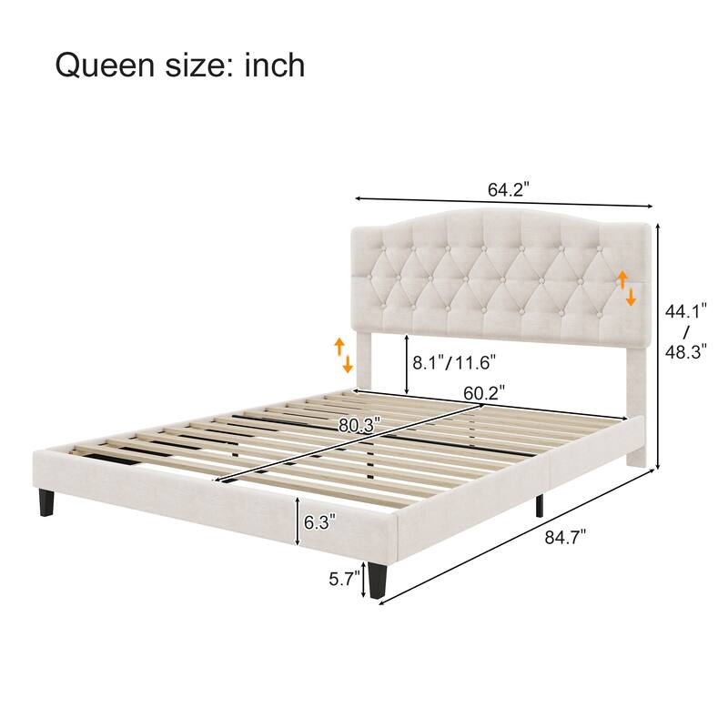 Upholstered Platform Bed with Saddle Curved Adjustable Headboard and Diamond Tufted Details, Wooden Slats, Queen